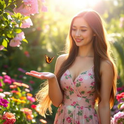 A beautiful young woman with long flowing hair, wearing an elegant summer dress, standing in a sunlit garden filled with colorful flowers