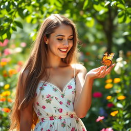 A beautiful young woman with long flowing hair, wearing an elegant summer dress, standing in a sunlit garden filled with colorful flowers