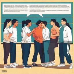 A simple vector art image vividly highlighting the struggle of assimilation for undocumented immigrant students in a gym class shared with English-speaking students