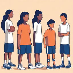 A simple vector art image showcasing undocumented immigrant students participating in unfamiliar activities in a gym class, such as a team sport requiring extensive verbal communication or physical contact