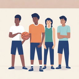 A simple vector art image showcasing undocumented immigrant students participating in unfamiliar activities in a gym class, such as a team sport requiring extensive verbal communication or physical contact