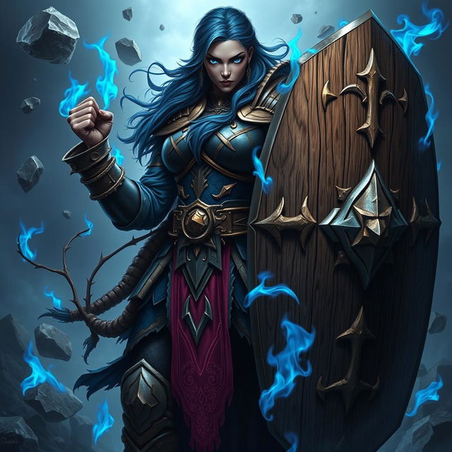 A heavy-set dark-skinned female warrior with striking bright blue eyes and crystalline blue hair, dressed in intricate onyx full plate armor