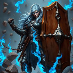 A heavy-set dark-skinned female warrior with striking bright blue eyes and crystalline blue hair, dressed in intricate onyx full plate armor