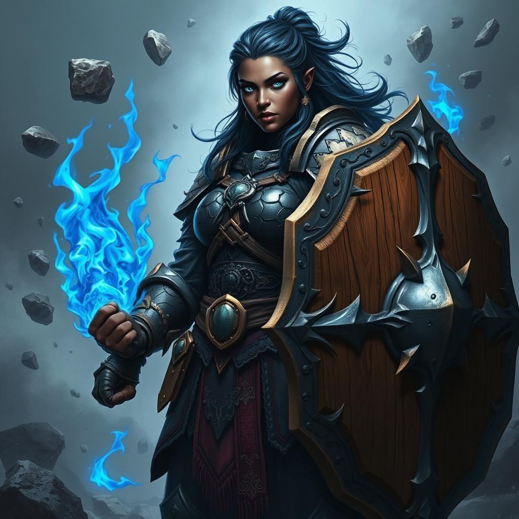 A heavy-set dark-skinned female warrior with striking bright blue eyes and crystalline blue hair, dressed in intricate onyx full plate armor