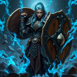 A heavy-set dark-skinned female warrior with striking bright blue eyes and crystalline blue hair, dressed in intricate onyx full plate armor
