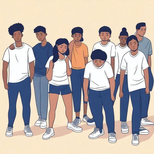 A simple vector art image showcasing undocumented immigrant students participating in unfamiliar activities in a gym class, such as a team sport requiring extensive verbal communication or physical contact