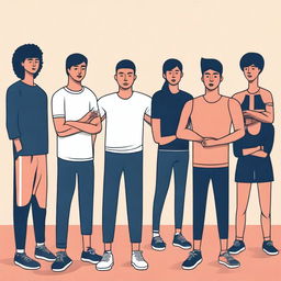 A simple vector art image showcasing undocumented immigrant students participating in unfamiliar activities in a gym class, such as a team sport requiring extensive verbal communication or physical contact