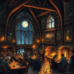 An intricately designed medieval fantasy tavern interior, filled with warm candlelight and rustic wooden beams