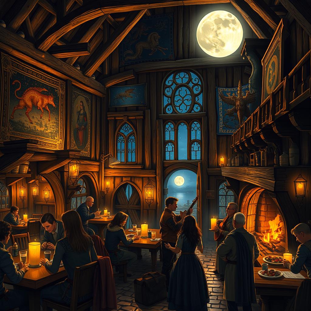 An intricately designed medieval fantasy tavern interior, filled with warm candlelight and rustic wooden beams