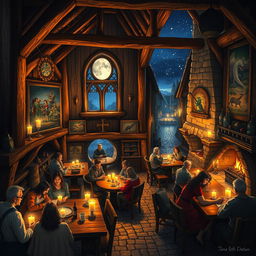 An intricately designed medieval fantasy tavern interior, filled with warm candlelight and rustic wooden beams