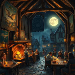 An intricately designed medieval fantasy tavern interior, filled with warm candlelight and rustic wooden beams