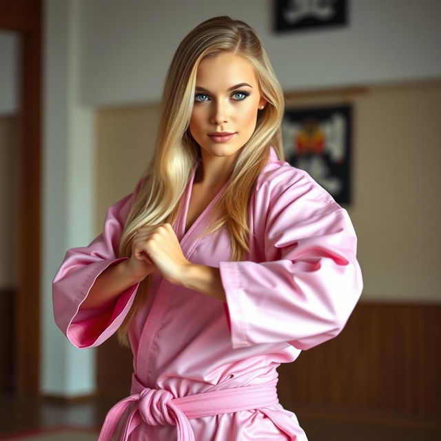 A beautiful karate woman with long blonde hair, wearing a pink silky smooth satin karate gi