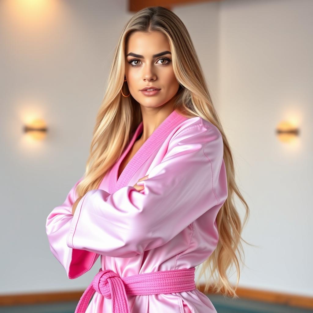 A beautiful karate woman with long blonde hair, wearing a pink silky smooth satin karate gi