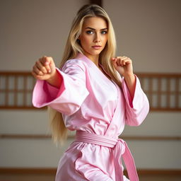A beautiful karate woman with long blonde hair, wearing a pink silky smooth satin karate gi