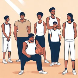 A simple vector art image showcasing undocumented immigrant students participating in unfamiliar activities in a gym class, such as a team sport requiring extensive verbal communication or physical contact