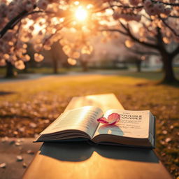 A serene scene depicting an empty park bench located under a stunning cherry blossom tree