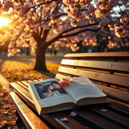 A serene scene depicting an empty park bench located under a stunning cherry blossom tree