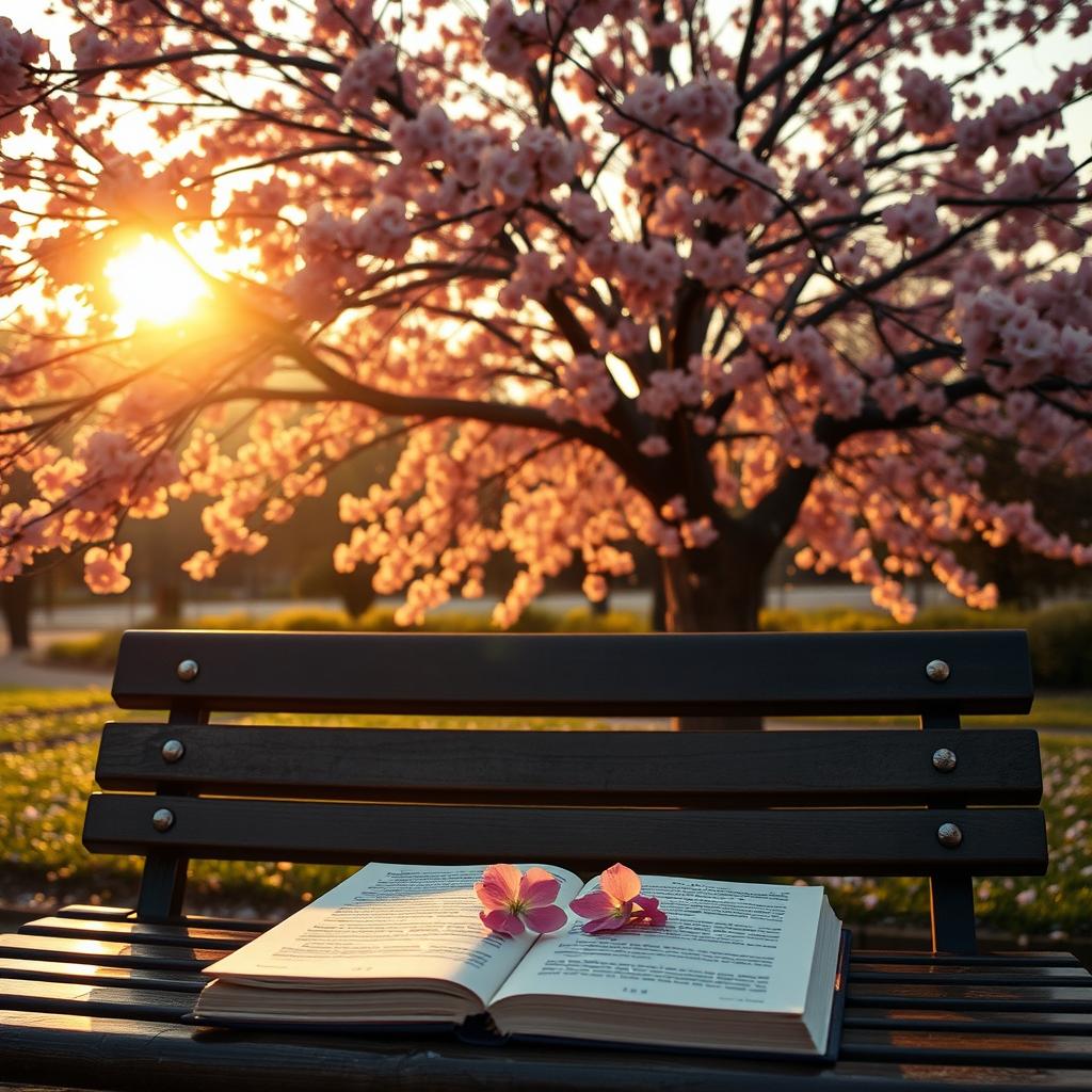 A serene scene depicting an empty park bench located under a stunning cherry blossom tree