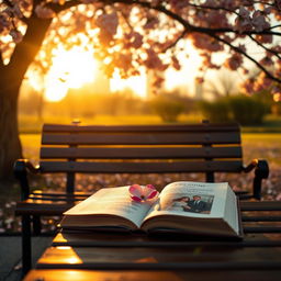 A serene scene depicting an empty park bench located under a stunning cherry blossom tree