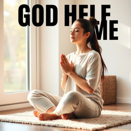 A serene scene of a young woman praying quietly in the morning light, with soft sunlight streaming through a window, casting gentle rays onto her face