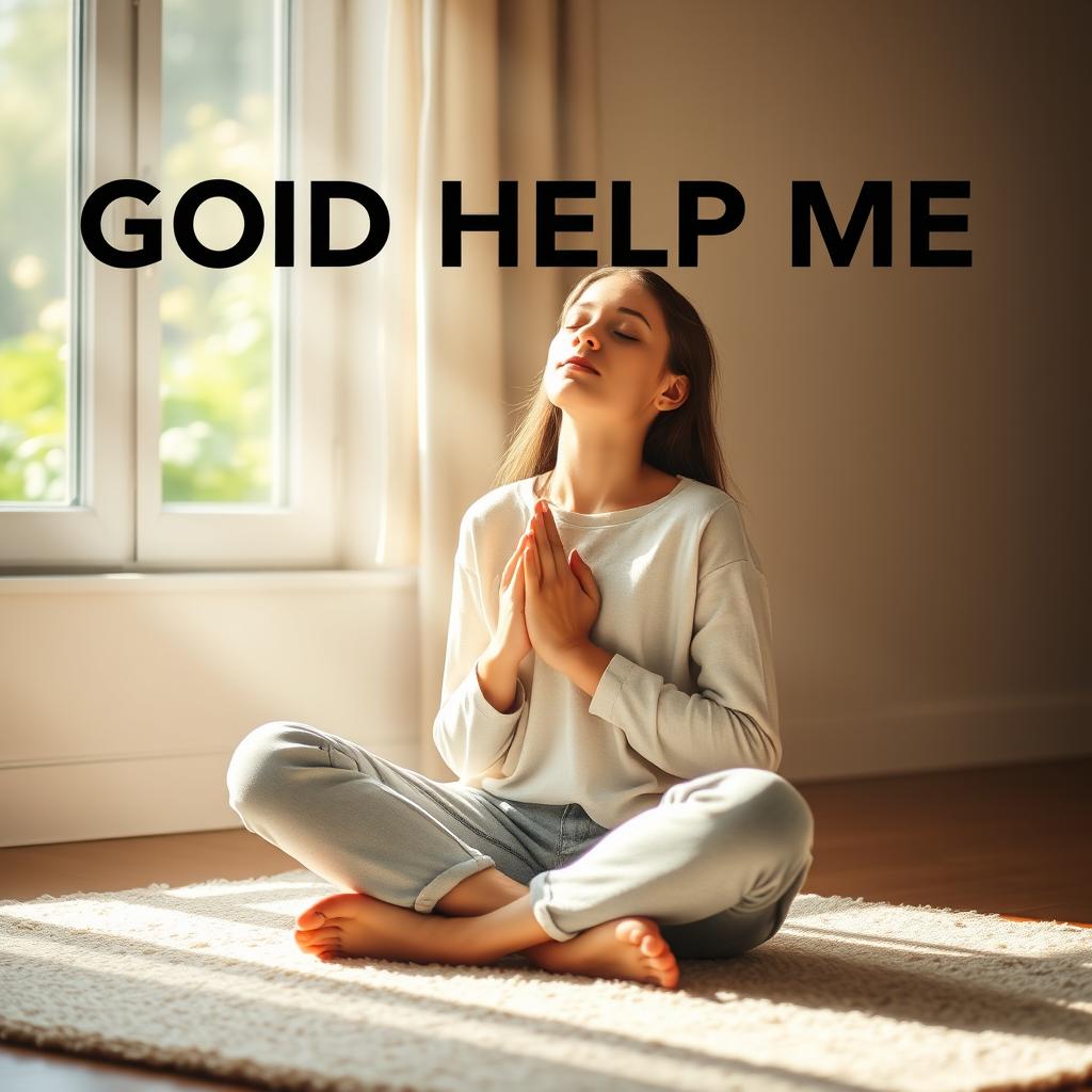 A serene scene of a young woman praying quietly in the morning light, with soft sunlight streaming through a window, casting gentle rays onto her face