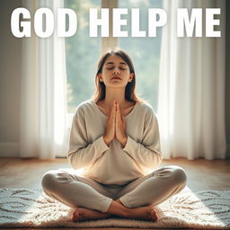 A serene scene of a young woman praying quietly in the morning light, with soft sunlight streaming through a window, casting gentle rays onto her face