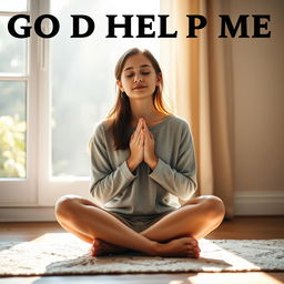 A serene scene of a young woman praying quietly in the morning light, with soft sunlight streaming through a window, casting gentle rays onto her face