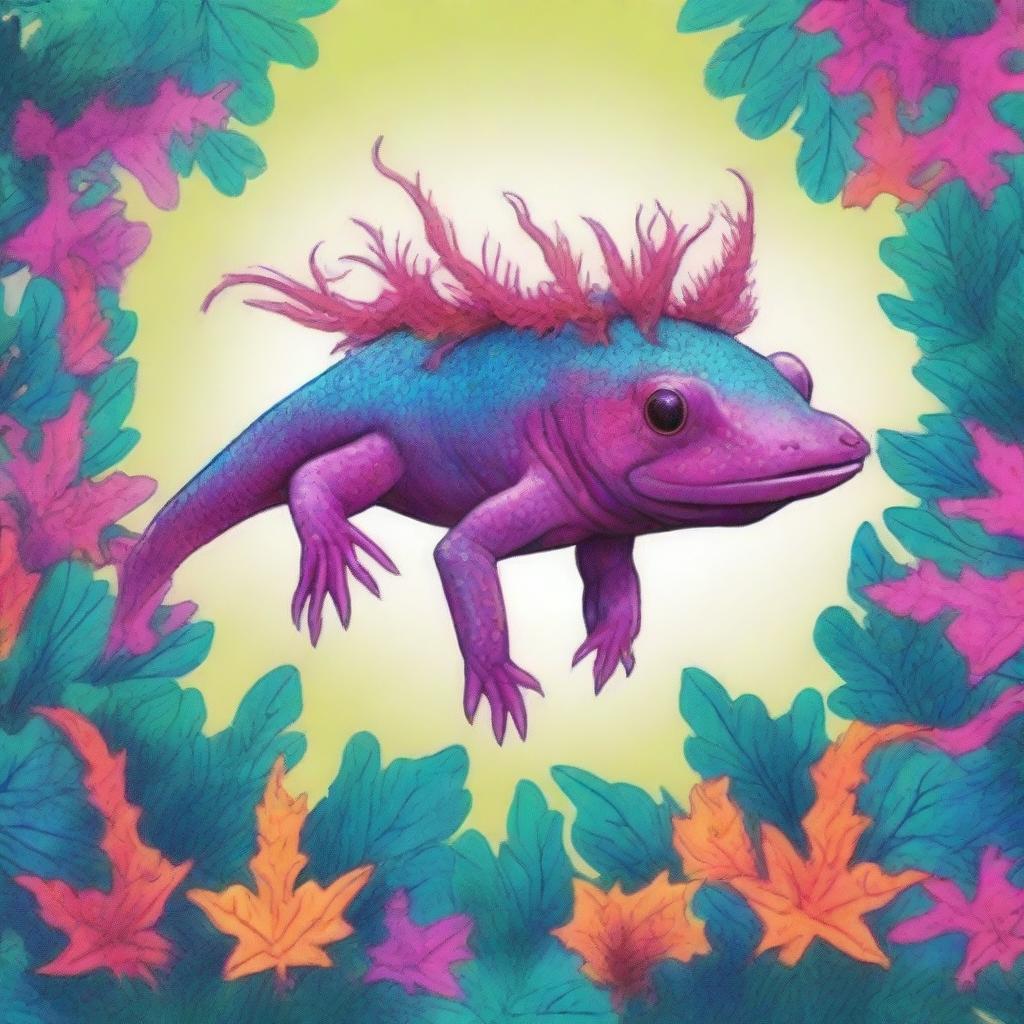 An eye-catching album cover featuring a vibrant digital art illustration of an axolotl