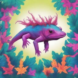 An eye-catching album cover featuring a vibrant digital art illustration of an axolotl