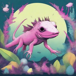 An eye-catching album cover featuring a vibrant digital art illustration of an axolotl