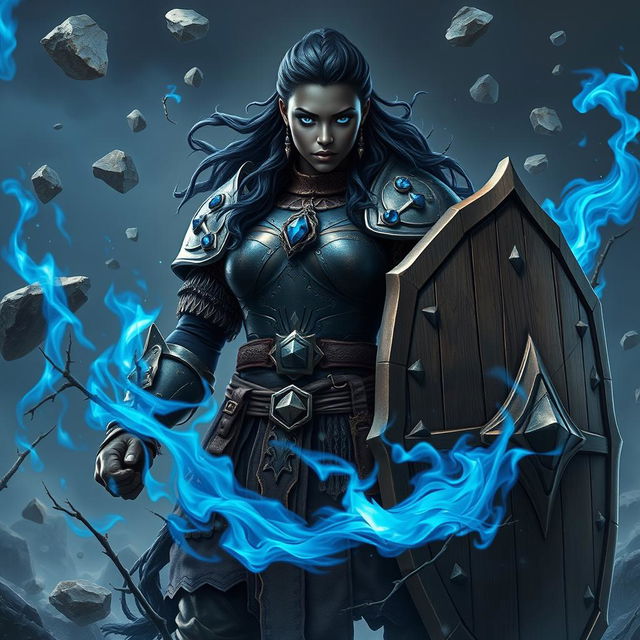 A heavy-set dark-skinned female warrior with captivating bright blue eyes and blue crystals instead of hair, adorned in detailed onyx full plate armor
