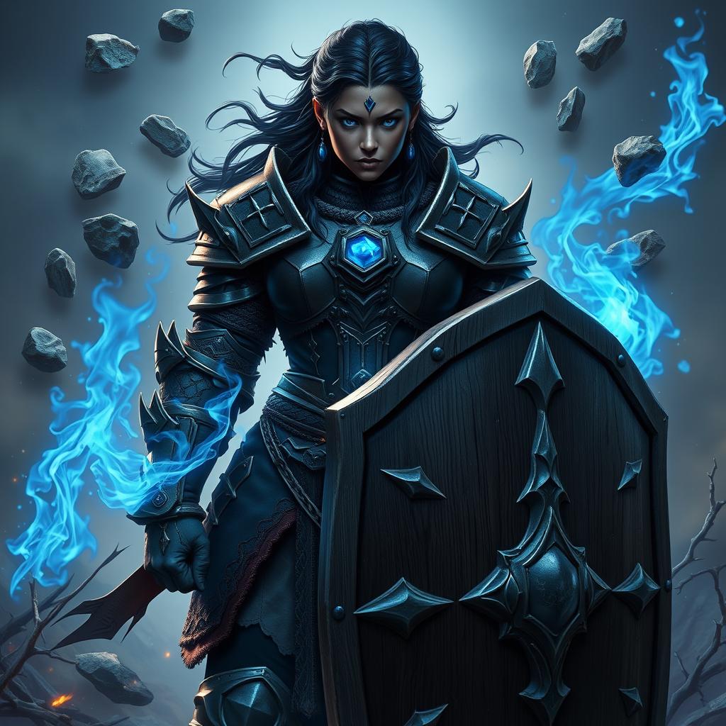 A heavy-set dark-skinned female warrior with captivating bright blue eyes and blue crystals instead of hair, adorned in detailed onyx full plate armor