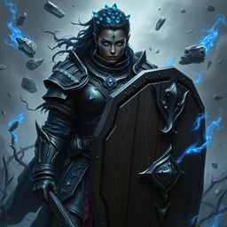 A heavy-set dark-skinned female warrior with captivating bright blue eyes and blue crystals instead of hair, adorned in detailed onyx full plate armor