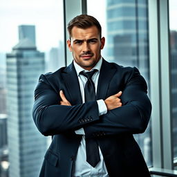A rugged and confident businessman, exuding masculinity, with a strong jawline and chiselled features