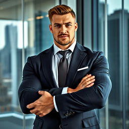 A rugged and confident businessman, exuding masculinity, with a strong jawline and chiselled features