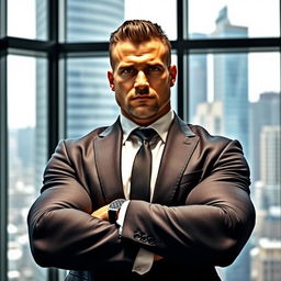 A rugged and confident businessman, exuding masculinity, with a strong jawline and chiselled features