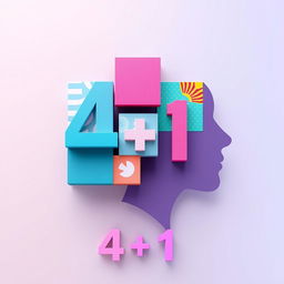 A creative and colorful profile collage representing the concept of 4 + 1, featuring four distinct squares symbolizing the number '4', each square uniquely designed with different patterns and colors, alongside a larger square or circle for the number '1'
