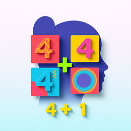 A creative and colorful profile collage representing the concept of 4 + 1, featuring four distinct squares symbolizing the number '4', each square uniquely designed with different patterns and colors, alongside a larger square or circle for the number '1'