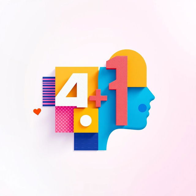 A creative and colorful profile collage representing the concept of 4 + 1, featuring four distinct squares symbolizing the number '4', each square uniquely designed with different patterns and colors, alongside a larger square or circle for the number '1'