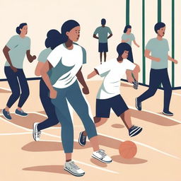 A simple vector art image vividly depicts undocumented immigrant students participating in an unfamiliar sport in a physical education class, causing them to feel awkward and self-conscious