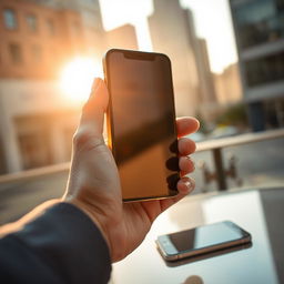 A close-up view of a hand holding an iPhone, casting it against a soft-focus urban background showcasing modernity and technology