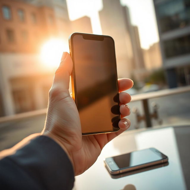 A close-up view of a hand holding an iPhone, casting it against a soft-focus urban background showcasing modernity and technology