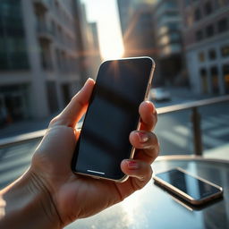 A close-up view of a hand holding an iPhone, casting it against a soft-focus urban background showcasing modernity and technology