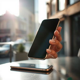 A close-up view of a hand holding an iPhone, casting it against a soft-focus urban background showcasing modernity and technology