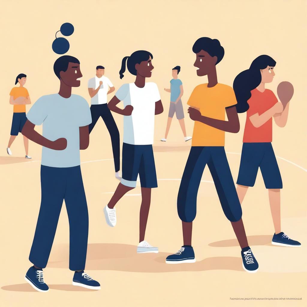 A simple vector art image vividly depicts undocumented immigrant students participating in an unfamiliar sport in a physical education class, causing them to feel awkward and self-conscious