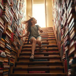 A girl, with a determined expression, climbing a set of stairs that are completely covered in colorful books, symbolizing knowledge and adventure