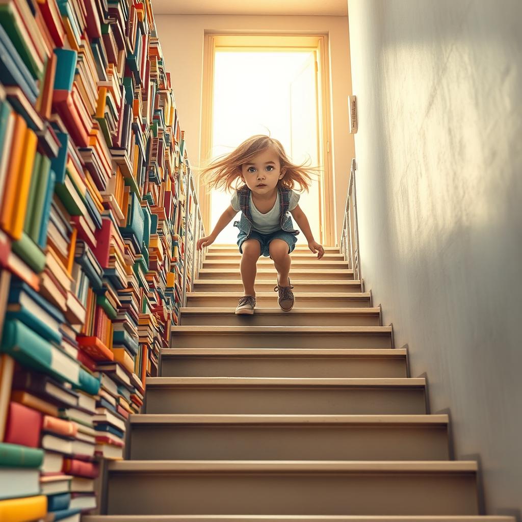 A girl, with a determined expression, climbing a set of stairs that are completely covered in colorful books, symbolizing knowledge and adventure