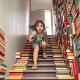 A girl, with a determined expression, climbing a set of stairs that are completely covered in colorful books, symbolizing knowledge and adventure