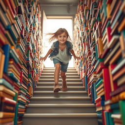 A girl, with a determined expression, climbing a set of stairs that are completely covered in colorful books, symbolizing knowledge and adventure