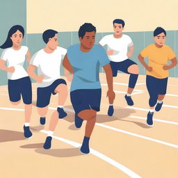 A simple vector art image vividly depicts undocumented immigrant students participating in an unfamiliar sport in a physical education class, causing them to feel awkward and self-conscious